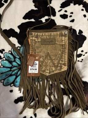 Wrangler Olive Fringe Crossbody with Faded Brown Pocket